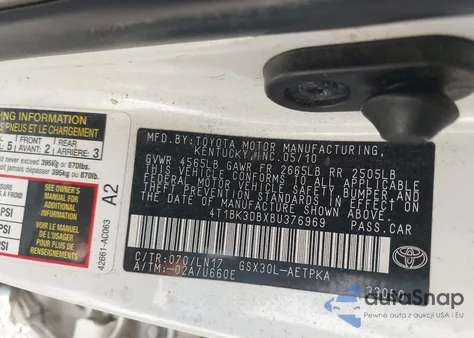 2011 Toyota Avalon Limited z USA, uszkodzony, nr VIN 4T1BK3DBXBU376969